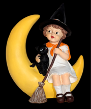 Vintage Halloween Little Girl with Witch Hat Sitting On Moon Black Cat Figurine - £25.85 GBP