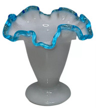 Vintage Fenton Aqua Blue Crest Milk Glass Ruffled Edge Footed Vase Dish - $30.84