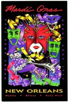 New Orleans Mardi Gras Frankie Flores Postcard Vintage 1996 Masks Jester Art - £6.94 GBP