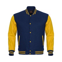 Varsity Letterman Bomber Baseball Jacket Navy Blue Body &amp; Yellow Leather... - £75.48 GBP