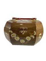 Vintage Decoupage Wood Box Brown Floral Daisies Felt Lined Mirror Octagon Shape - £51.68 GBP
