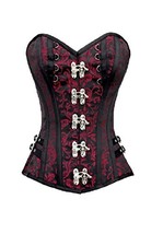 Red and Black Brocade Leather Gothic Steampunk Overbust Halloween Corset Costume - £46.27 GBP