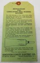 Kingston-Conley Electric Motor Lubrication Tag 1940 Miller Mixer New Jersey - £14.33 GBP