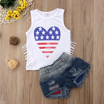  NWT Patriotic Heart 4th of July Girls Tank Top Denim Shorts Outfit Set - £8.78 GBP