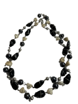 Vintage Long Glass Bead Necklace 53” Black Cream Silver Tone Wire Wrappe... - $496.29 MXN
