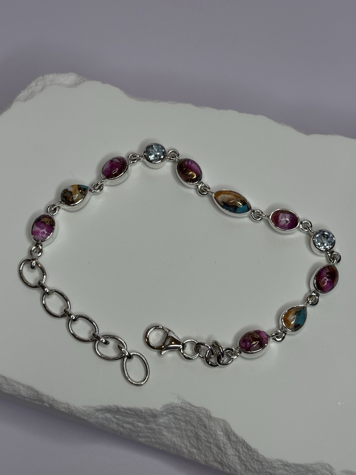 925 STERLING SILVER OYSTER TURQUOISE &amp; TOPAZ BRACELET LENGTH 6-8 INCH - $131.67