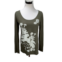 Lucy Dark Green Floral Pima Cotton Long Sleeve Knit Top T-Shirt Stretch ... - £10.73 GBP