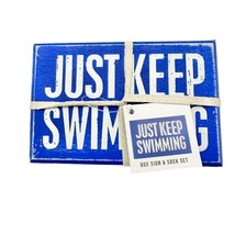 Primitives by Kathy Box Sign &amp; Sock Set Sign 4.5 x3 inch Blue Just Keep Swimming - £9.49 GBP
