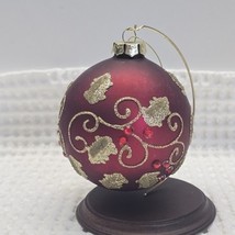 Red Glass Christmas Ball 4&quot; Gold Glitter Leaf Red Gems Ornate Tree Ornament - $356.46 MXN