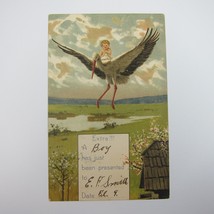 Postcard Birth Announcement Blonde Baby Boy Rides Flying Stork Pond Antique 1912 - £7.82 GBP