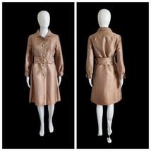 Vintage 60s MOD Champagne Satin Coat Dress Rhinestone Buttons Belted S - $49.50