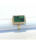 14K Solid Yellow Gold Square Green Jade Women CZ Ring Size 6.25 - £587.73 GBP