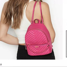 New Victoria&#39;s Secret Studded V-Quilt Black Small City Backpack Fuchsia Pink - £37.93 GBP