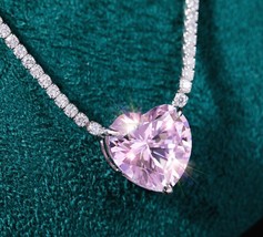 5Ct Heart Cut Lab-Created Pink Tourmaline &amp; Cz Valentine Tennis Necklace in 925 - £159.23 GBP
