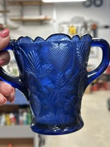 Vtg MOSSER Cobalt Blue Glass Vase Jam Spooner Strawberry Pattern 2 Handl... - £18.62 GBP