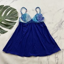 Womens Vintage Y2k Velvet Negligee Babydoll Top Size 32 B Blue Ruffle Trim - $24.74