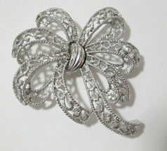 Vintage Signed Crown TRIFARI Ribbon Bow Brooch Large Silver Tone Filigre... - £23.44 GBP