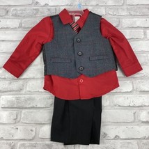 George 4 Piece Black Red Suit Size 3/6 Month Pants Shirt Vest Striped Tie - $23.27