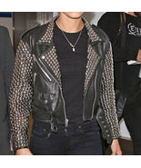 New Hailey Baldwin Rockstar Full Silver Spiked Studded Cowhide Leather J... - $260.99