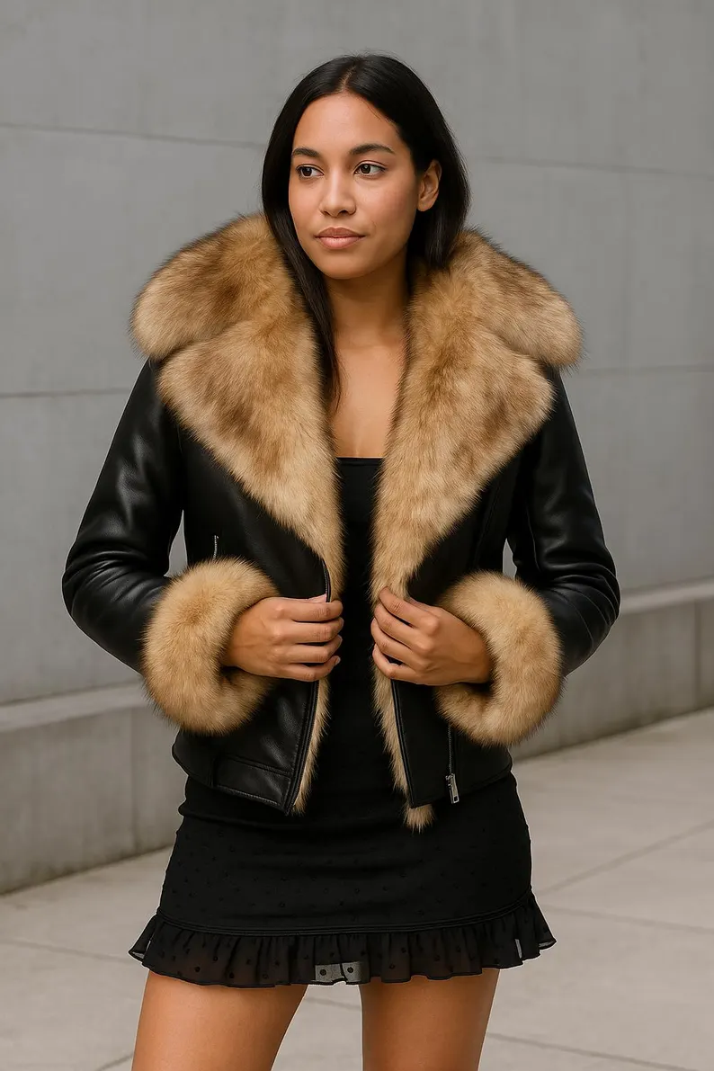 Luxury Black Leather Jacket with Real Golden Fox Fur Collar and Cuffs – ... - $4,680.39 MXN+