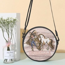 Round Satchel Bag, Howdy, Cowgirl and Horse, Brunette Hair, Olive Skin, Brown Ey - £28.00 GBP