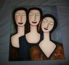 3 Sisters Smile Face Smiling Three Siblings Oil Painting Gliche Retro Mid Modern - £44.89 GBP