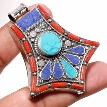 Turquoise Red Coral Lapis Lazuli Handmade Jewelry Pendant Nepali 2.40&quot; SA 1600 - $12.99