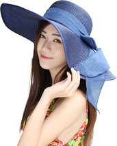 Womens 5 Inches Big Bowknot Straw Hat Large Floppy Foldable Roll up Beach Cap - £12.61 GBP