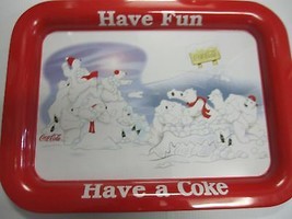 Coca Cola Rectangle Metal  TV Tin Tray Polar Bear Let&#39;s Play New Old Stock - £10.68 GBP