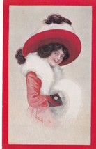 Beautiful Lady In Red Hat And Dress with White Fur Postcard D49 - $2.99