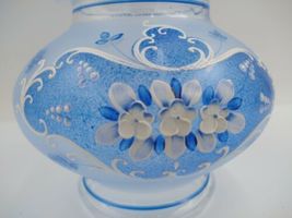 Floral Art Glass Jar With Lid Blue Satin Glass Hand Painted Flowers 7.5" image 5