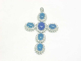 Large BLUE CHALCEDONY and WHITE TOPAZ Cross Pendant in Sterling Silver -... - $90.00
