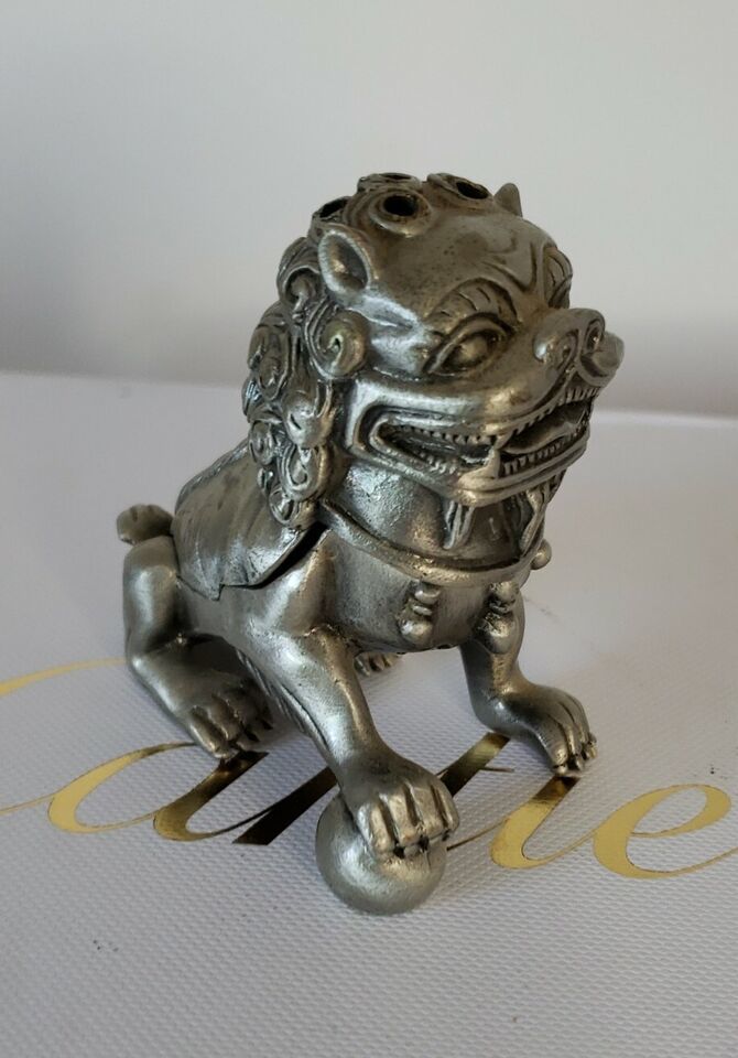 Vintage Pewter Foo Dog Lion Incense Burner 3&quot; - £16.39 GBP
