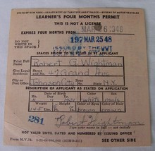 1948 VINTAGE NEW YORK LEARNERS PERMIT DRIVING LICENSE JOHNSON CITY NY FORM - $9.89