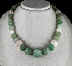 Natural Indian Jade Rose Quartz Melon Carved Beads 854 Cts Stone Silver Necklace - £136.68 GBP