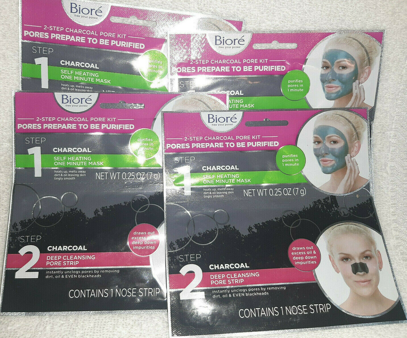 4 Pack Lot of Biore 2-step Charcoal Pore Kit , Self Heating Mask + Pore Strip - $12.82