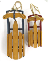 2 Wooden Sled w/Rope 17&quot; 12&quot; Christmas Decoration Metal Runners Vintage Red Blue - £31.63 GBP