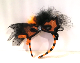Halloween Black with Orange Cat Eye Feather Top Hat Headband - £3.18 GBP