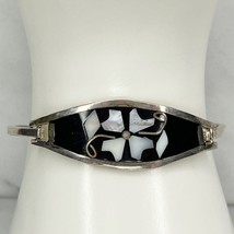 Vintage Alpaca Mexico Silver Tone Mother of Pearl Flower Hinge Bangle Br... - $24.74