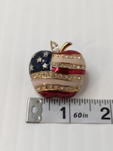 Vintage Pin Brooch American Flag USA Gold Apple Enamel Rhinestone Teacher - £11.42 GBP