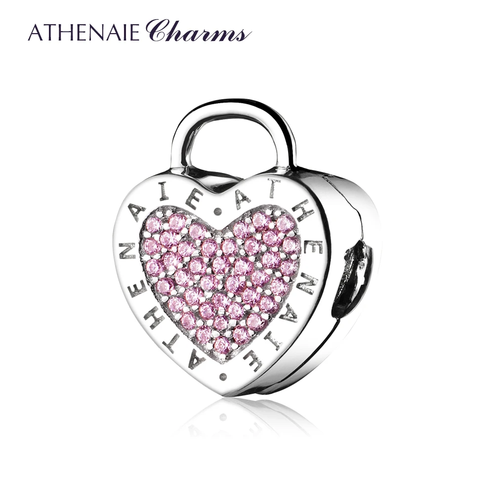 925 Sterling Silver Charms Pave Pink CZ Lock Your Promise Clip Stopper Beads Fit - £39.94 GBP