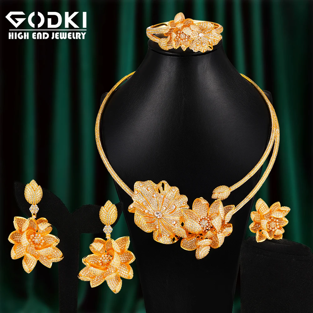 Luxury African Lotus Flower Jewelry Sets For Women Wedding Cubic Zirconia Dubai  - £309.28 GBP