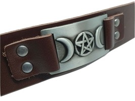 Triple Moon Real Leather Bracelet Cuff Goddess Pentacle Pagan Wiccan Unisex Cuff - $9.95