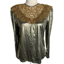 Vintage 90s Sonya Ratay Lame Blouse S Gold Applique Button Up Back Long ... - $46.54