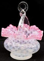 Antique Opalescent Glass Basket Waffle Design Pink Ruffled Edge Loop Handle - £39.95 GBP