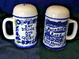Vintage Eat Drink Be Quiet Salt Pepper Shakers Kitsch Retro Blue White Ceramic - £19.44 GBP