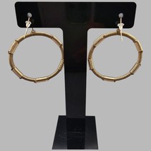 Artisan Mixed Materials Hoops Earrings Dark Beige Textile Cord Gold Tone Metal - £7.51 GBP