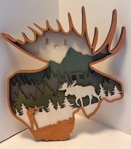 Moose Wooden 3D Multilayer Wood Shadowbox Handcrafted Made USA Hanging 13&quot; - £30.52 GBP