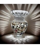 Romania Crystal Clear Glass Vase Hand Painted  Enamel Gold Trim Detail 12" - $70.00