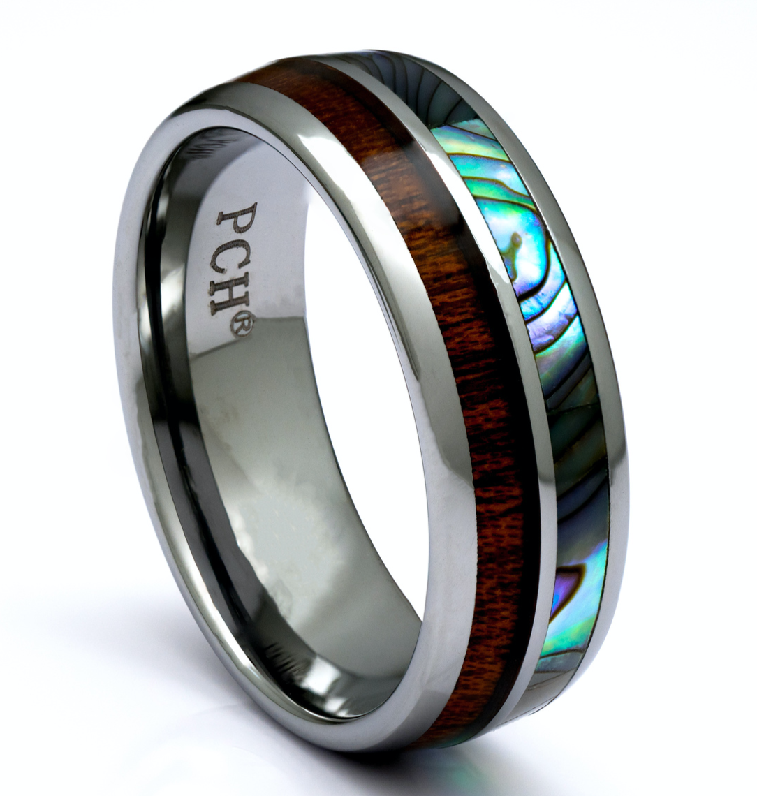 Tungsten Wedding Bands for Men and Women Hawaiian Koa Wood and Abalone Dome Top - £39.29 GBP